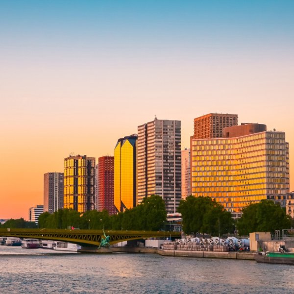 Sunset view of  Eiffel Tower and river Seine in Paris, France.