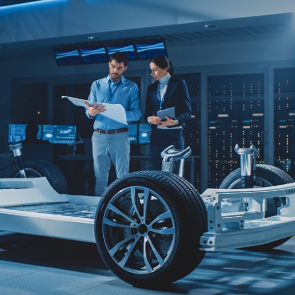 Auto Industry Design Facility: Male Chief Engineer Shows Car Blueprints Female Software Design and Integration Engineer. Electric Vehicle Platform Chassis Concept Has Wheels, Engine and Battery