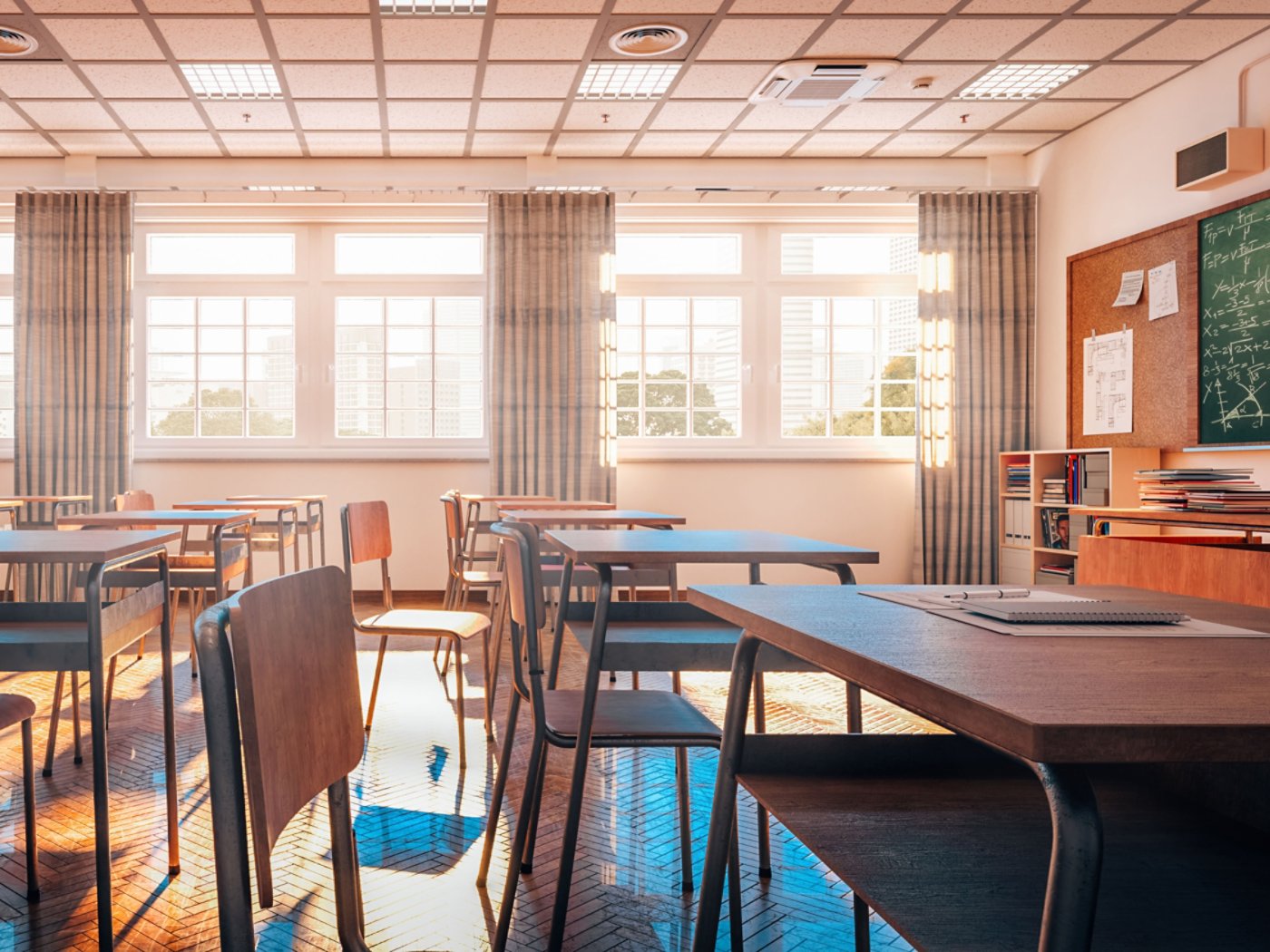 interior of a traditional school classroom with wooden floor and furniture. 3d render