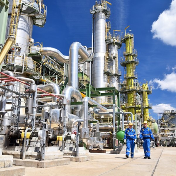 chemical industry plant - workers in work clothes in a refinery with pipes and machinery 