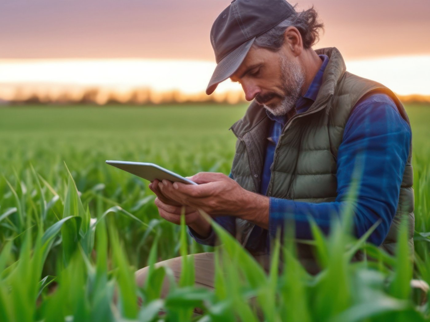 A modern farmer in a corn field using a digital tablet to review harvest and crop performance, ESG concept and application of technology in contemporary agriculture practices, generative ai