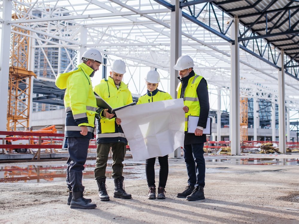 Front view of group of engineers with blueprints standing on construction site.