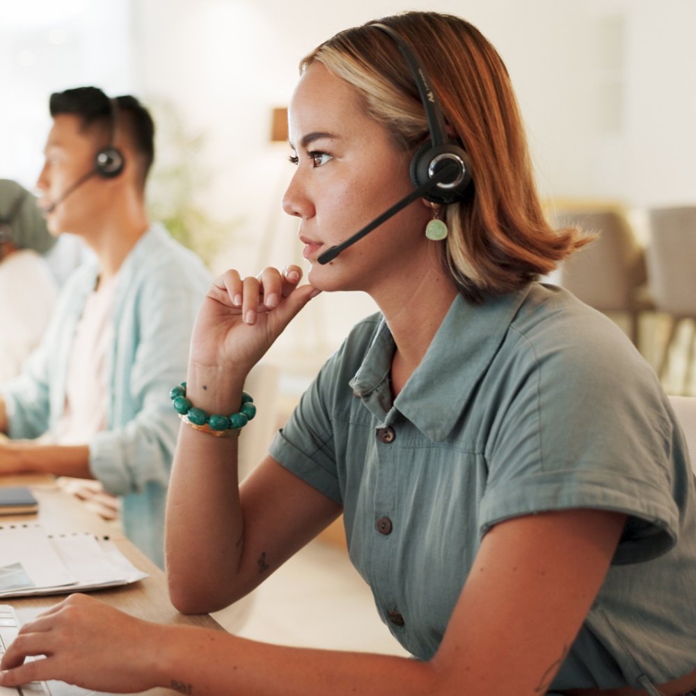 Call center, agent and thinking with woman in office for contact us, communication and customer service. Saleswoman, help desk and technical support with person in consulting agency for telemarketing.