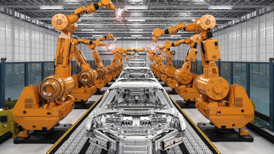 3d rendering robot assembly line in car factory