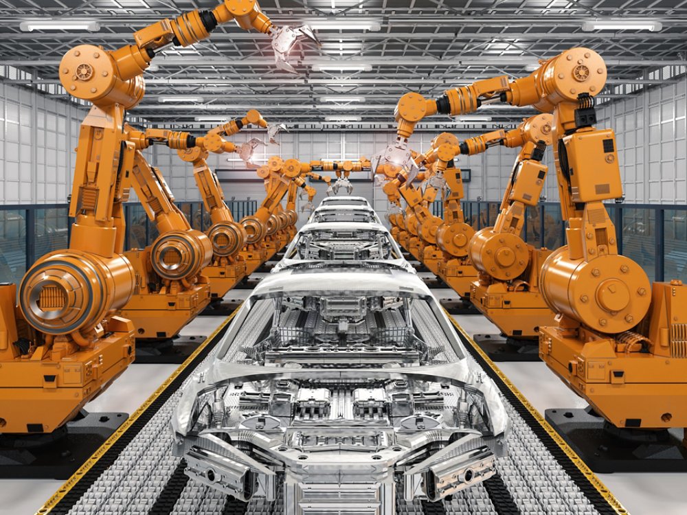 3d rendering robot assembly line in car factory