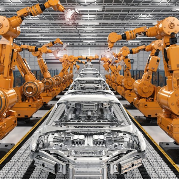 3d rendering robot assembly line in car factory