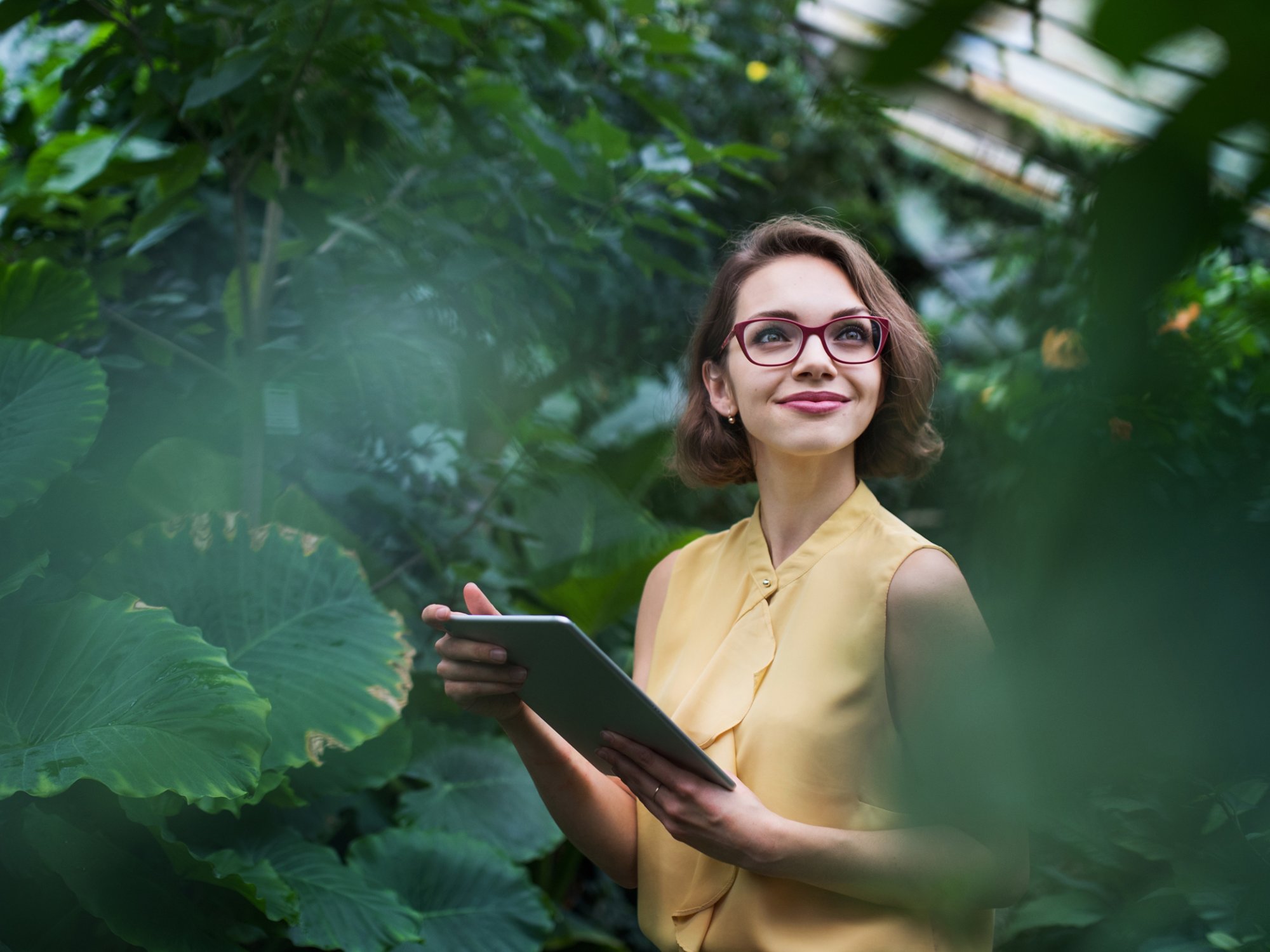 Young woman with tablet standing in greenhouse in botanical garden. Copy space.