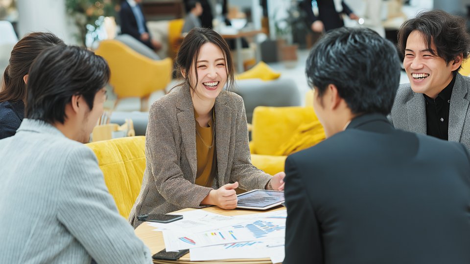A group of Japanese business people meeting and discussing in an office.