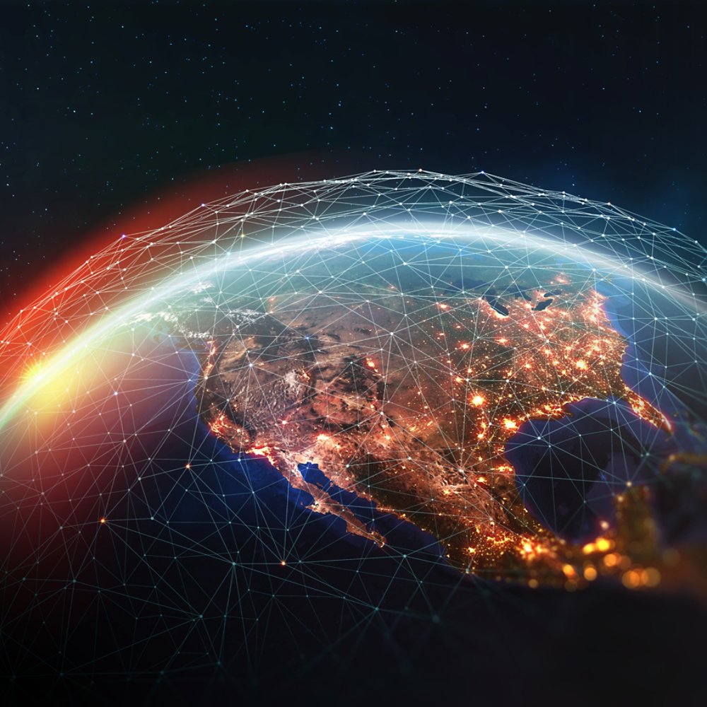 Earth view from space. Global network. Blockchain technology. Planet and communication. Future world 3D illustration. Elements of this image are furnished by NASA