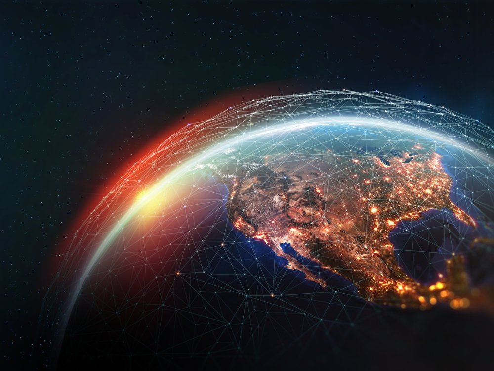 Earth view from space. Global network. Blockchain technology. Planet and communication. Future world 3D illustration. Elements of this image are furnished by NASA