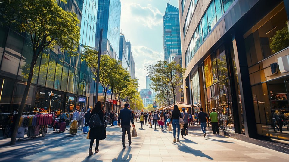 bustling commercial district with modern office buildings, retail stores, and busy sidewalks filled with pedestrians and street vendors, highlighting the dynamic urban environment