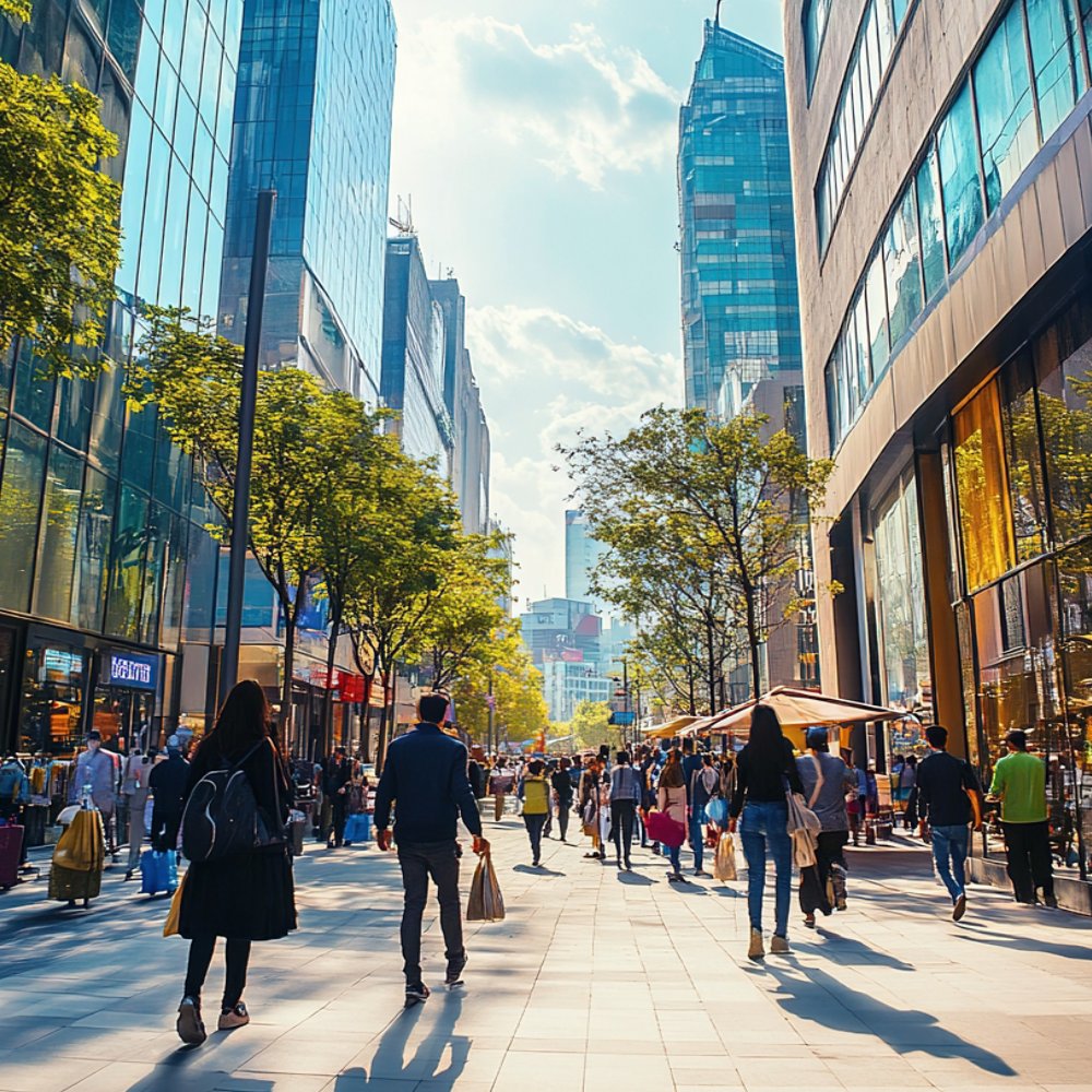 bustling commercial district with modern office buildings, retail stores, and busy sidewalks filled with pedestrians and street vendors, highlighting the dynamic urban environment