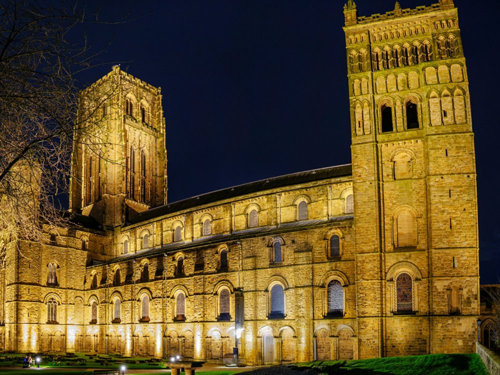 Durham, UK - March 19, 2024: Night view of Durham Cathedral