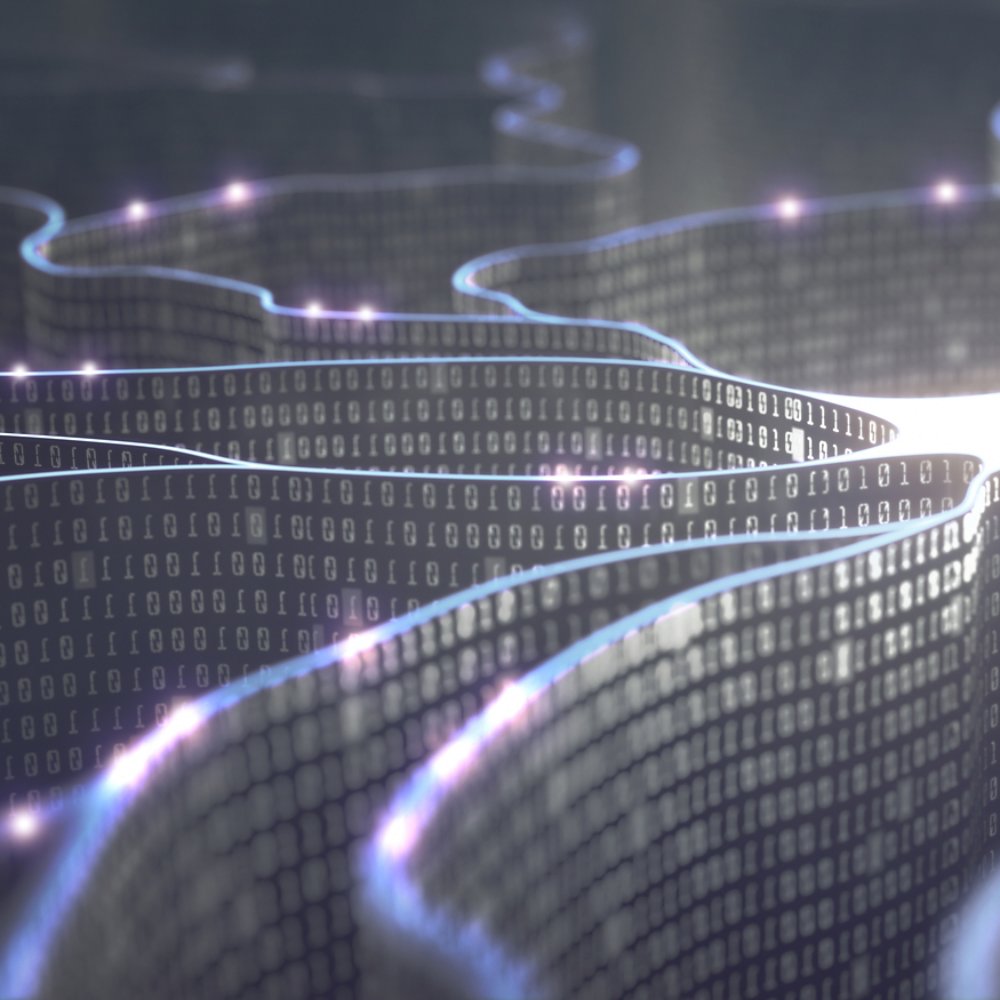 Artificial neuron in concept of artificial intelligence. Wall-shaped binary codes make transmission lines of pulses and/or information in an analogy to a microchip. Neural network and data transmission.