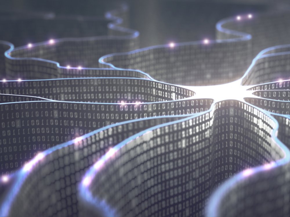 Artificial neuron in concept of artificial intelligence. Wall-shaped binary codes make transmission lines of pulses and/or information in an analogy to a microchip. Neural network and data transmission.