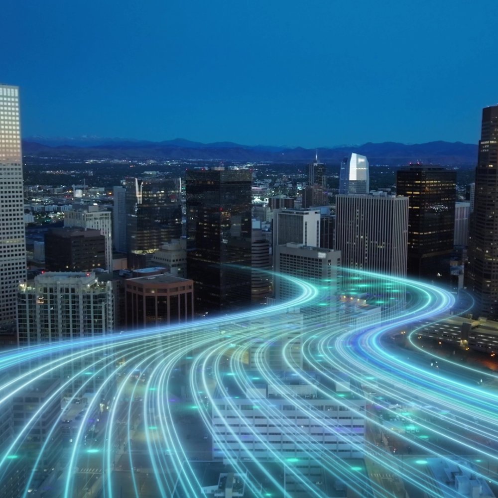 Modern American smart city with skyscrapers and digital animation showing business digitalization and new era of entrepreneurship