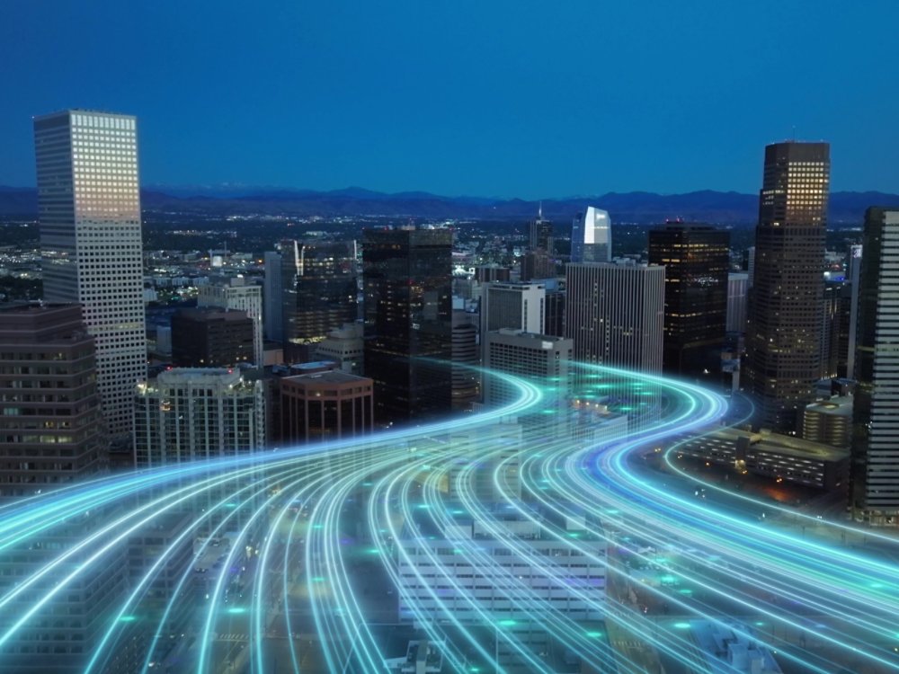 Modern American smart city with skyscrapers and digital animation showing business digitalization and new era of entrepreneurship
