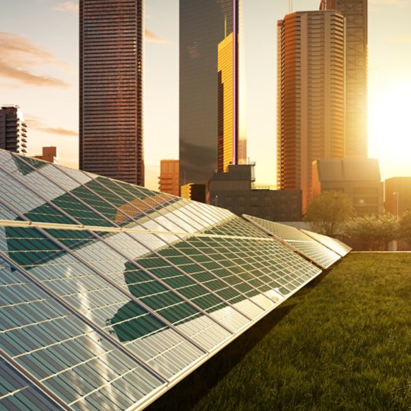 Solar panels with modern city. Clean, green, alternative and renewable energy concept for smart city. 3d rendering