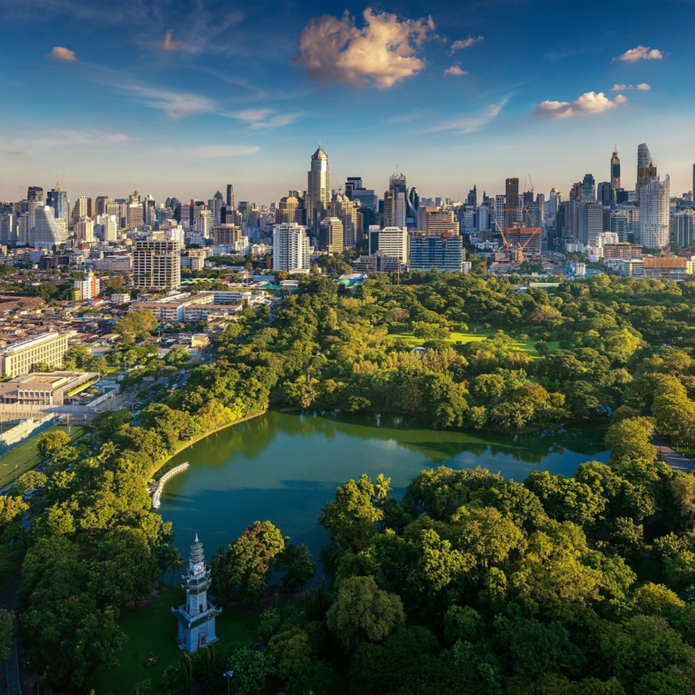 Lumpini park and Bangkok city building view from roof top bar on hotel, Bangkok, Thailand