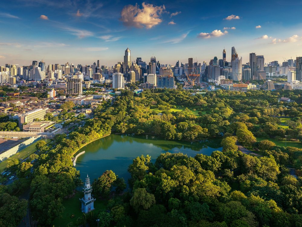 Lumpini park and Bangkok city building view from roof top bar on hotel, Bangkok, Thailand