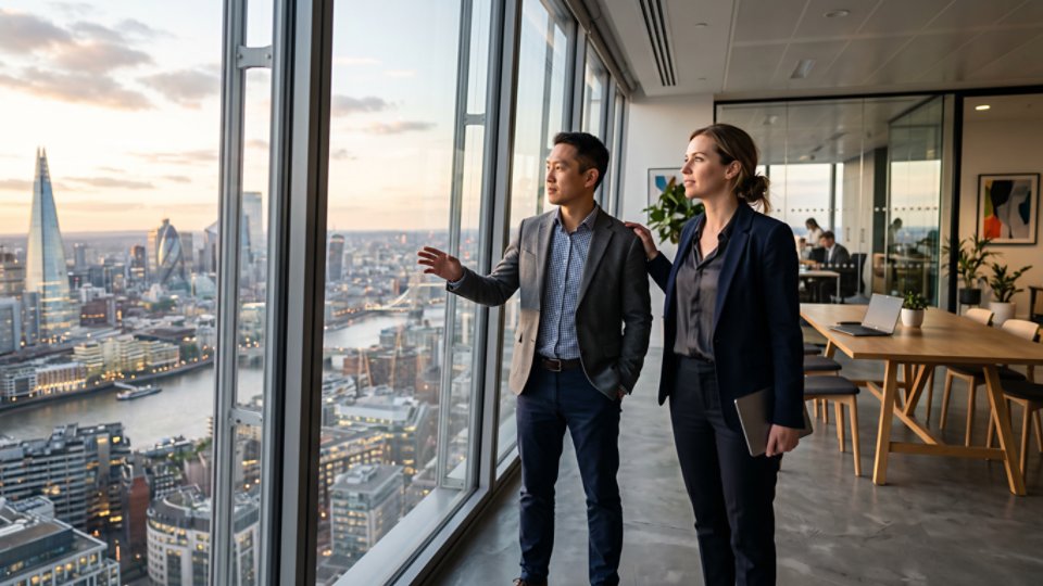 Two business professionals stand by large floor-to-ceiling windows in a modern office, looking out over a city skyline at sunset. The man gestures toward the view while the woman listens, suggesting a discussion or planning moment. The interior features contemporary furniture, including a long wooden table and chairs, with warm natural light filling the space. Tall buildings and an expansive urban landscape are visible outside, creating a sense of ambition and opportunity.