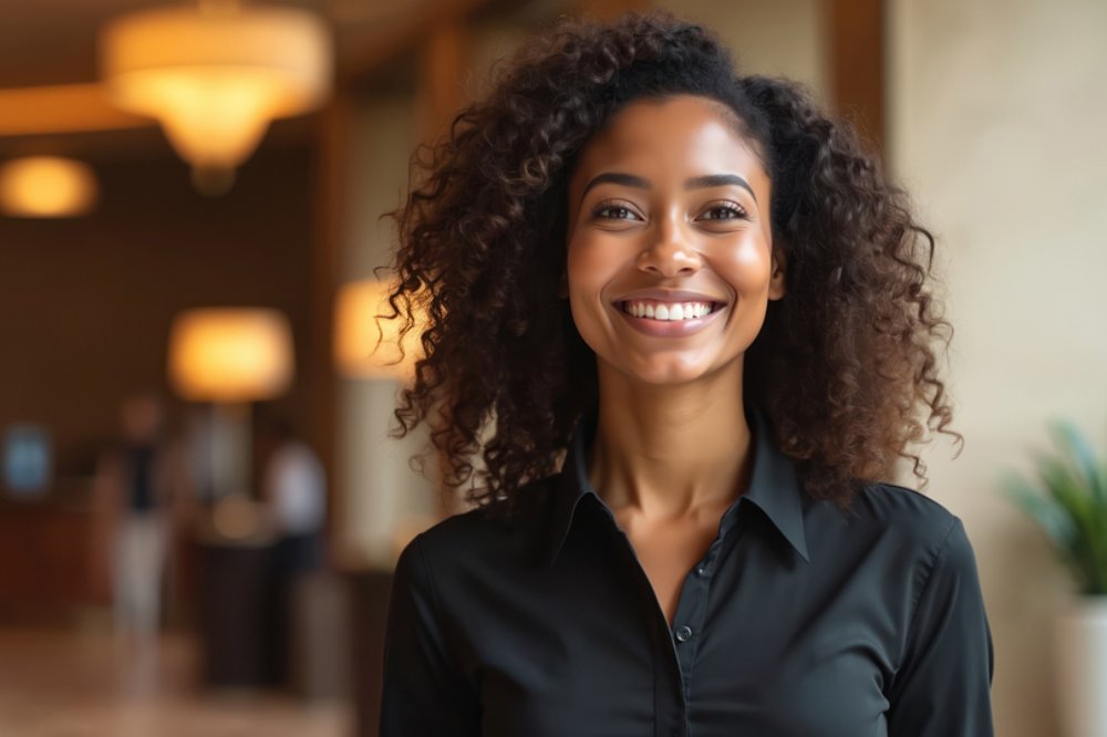 Portrait of hotel hostess with radiant smile in elegant lobby. Welcoming employee, happy worker in uniform. Positive, helpful, approachable inviting hospitality industry representative with