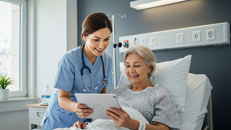 female patient and nurse looking at dashboard
