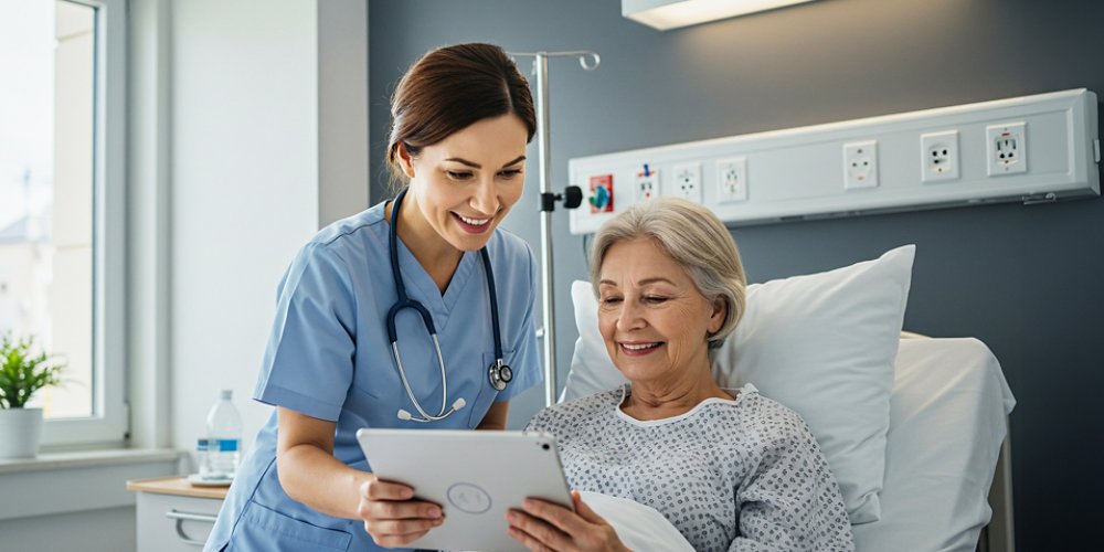 female patient and nurse looking at dashboard
