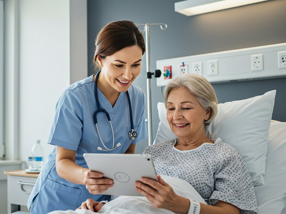 female patient and nurse looking at dashboard