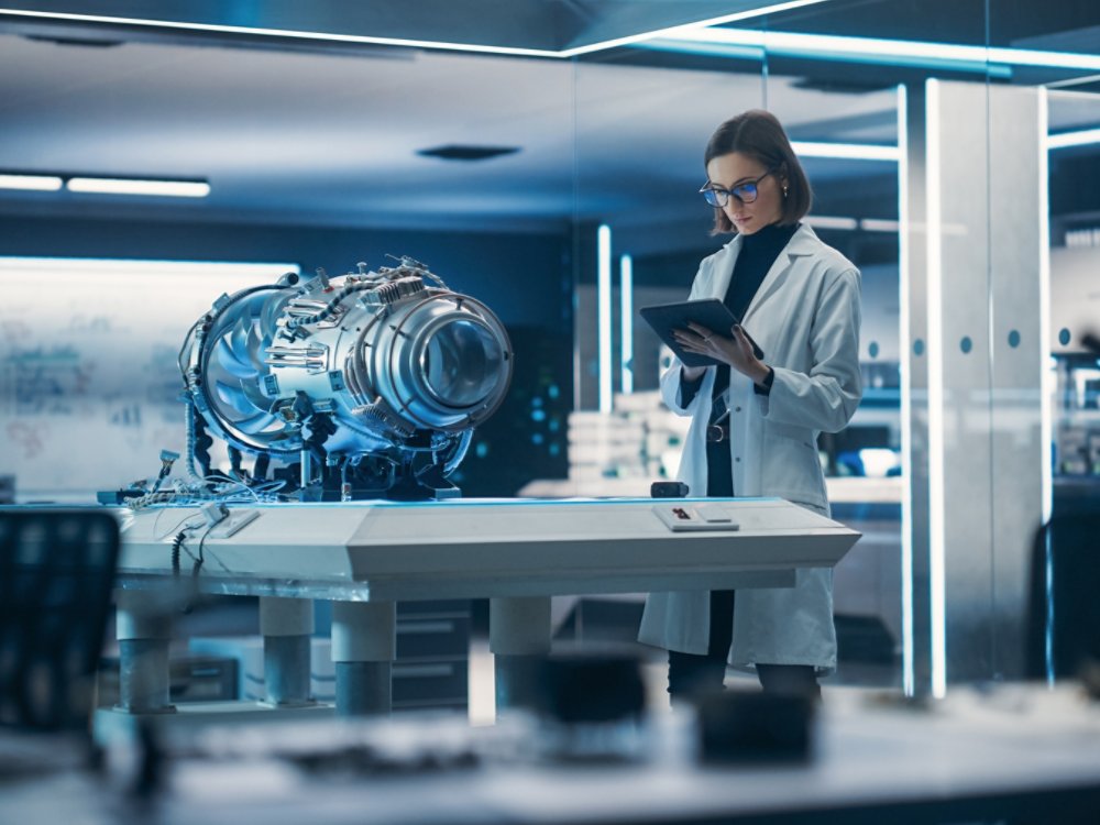 A female scientist in a white lab coat stands in a high-tech laboratory, examining data on a digital tablet. In front of her, a large cylindrical mechanical device rests on a central workbench, illuminated by cool blue lighting. The lab is filled with glass walls, metallic surfaces, and glowing screens, creating a futuristic atmosphere. The scene suggests advanced research, engineering, or experimental technology development.