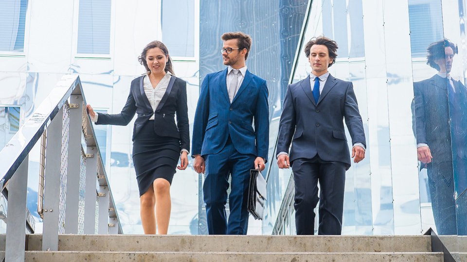 Group walking down steps