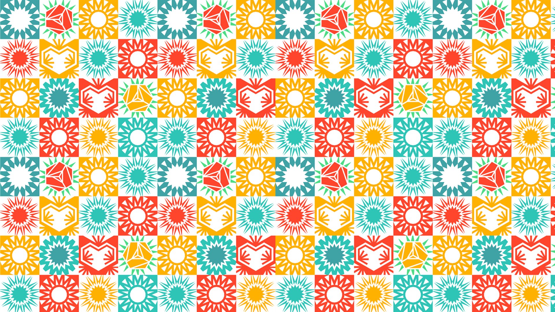 Seamless pattern composed of small square tiles in bright red, yellow, turquoise, and white. Each tile features simple geometric or floral icons, including sunburst shapes, stylized flowers, and abstract hands. The repeating grid layout creates a vibrant, playful mosaic effect suitable for textiles, wallpapers, or digital backgrounds. Overall, the design feels cheerful and energetic with a modern folk-art influence.