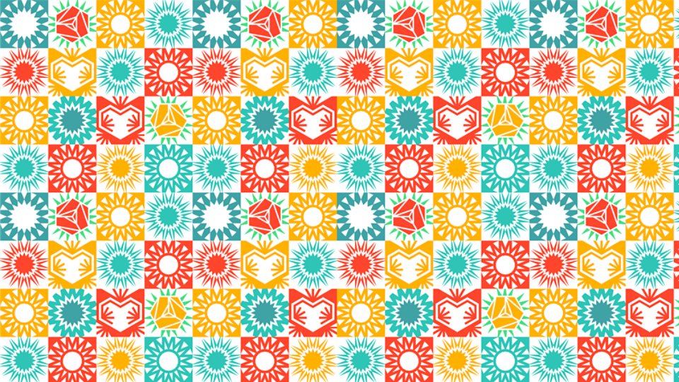 Seamless pattern composed of small square tiles in bright red, yellow, turquoise, and white. Each tile features simple geometric or floral icons, including sunburst shapes, stylized flowers, and abstract hands. The repeating grid layout creates a vibrant, playful mosaic effect suitable for textiles, wallpapers, or digital backgrounds. Overall, the design feels cheerful and energetic with a modern folk-art influence.