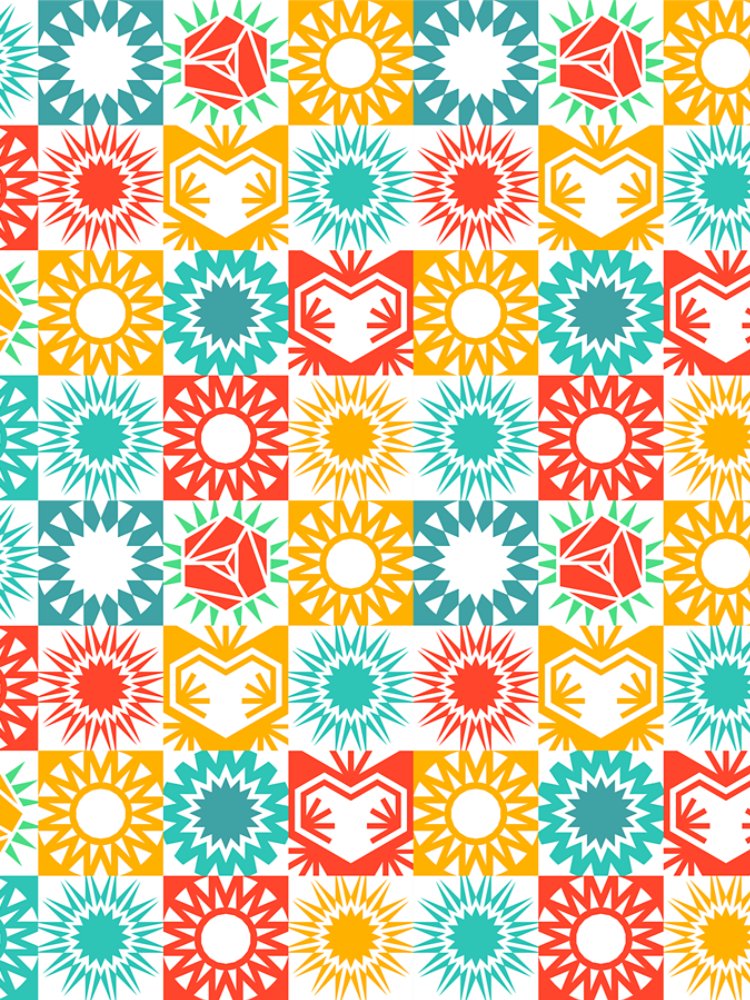 Seamless pattern composed of small square tiles in bright red, yellow, turquoise, and white. Each tile features simple geometric or floral icons, including sunburst shapes, stylized flowers, and abstract hands. The repeating grid layout creates a vibrant, playful mosaic effect suitable for textiles, wallpapers, or digital backgrounds. Overall, the design feels cheerful and energetic with a modern folk-art influence.