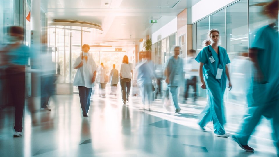 Hospital workers walking down hallway