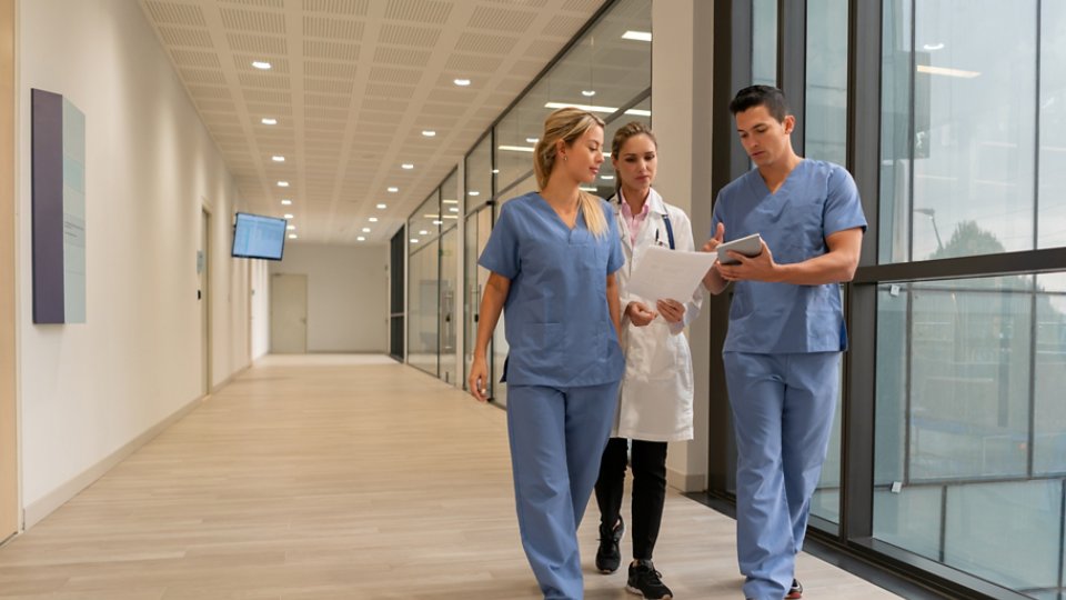 Medical residents showing something to female doctor on tablet while walking at the hospital - Healthcare concepts