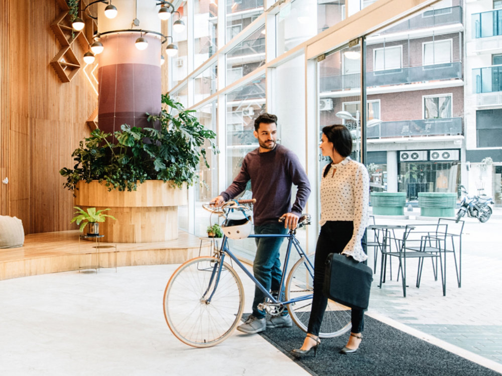 Commuters arriving to office lobby