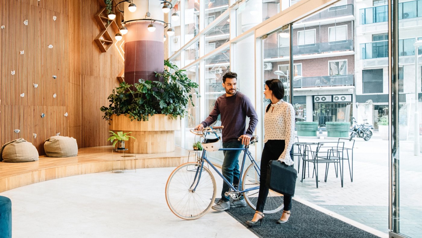 Commuters arriving to office lobby