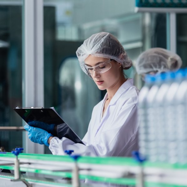 Woman factory worker manufacturing water bottles in a sterile environment by leveraging BaaS services