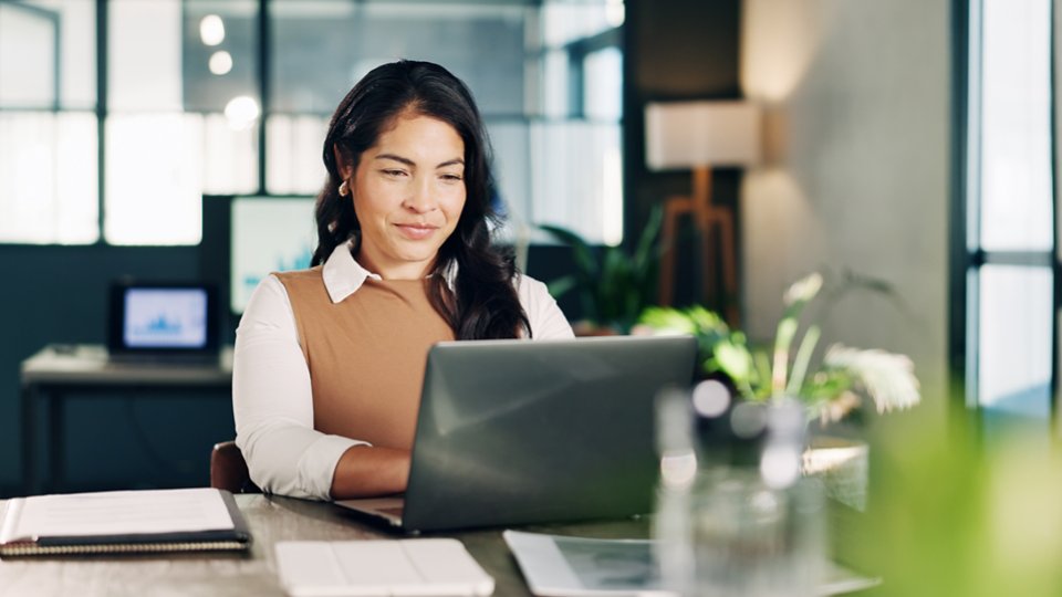 Office, typing and business woman on laptop for financial review, sales analysis and budget planning. Online, manager and person on computer for finance proposal, report and research for strategy.