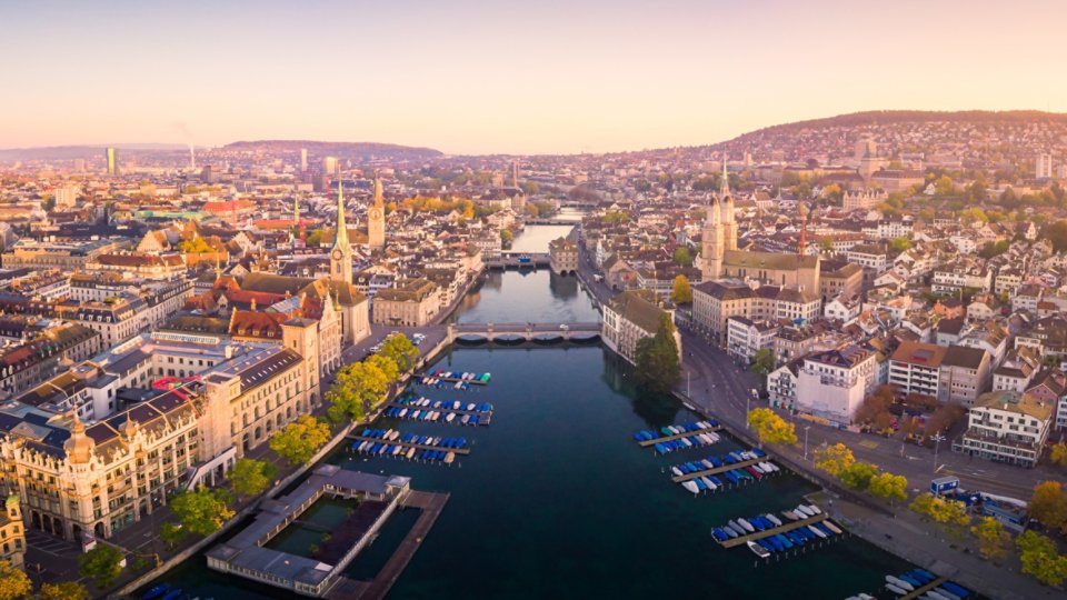 Aerial panoramic cityscape view of Zurich and River Limmat, Switzerland