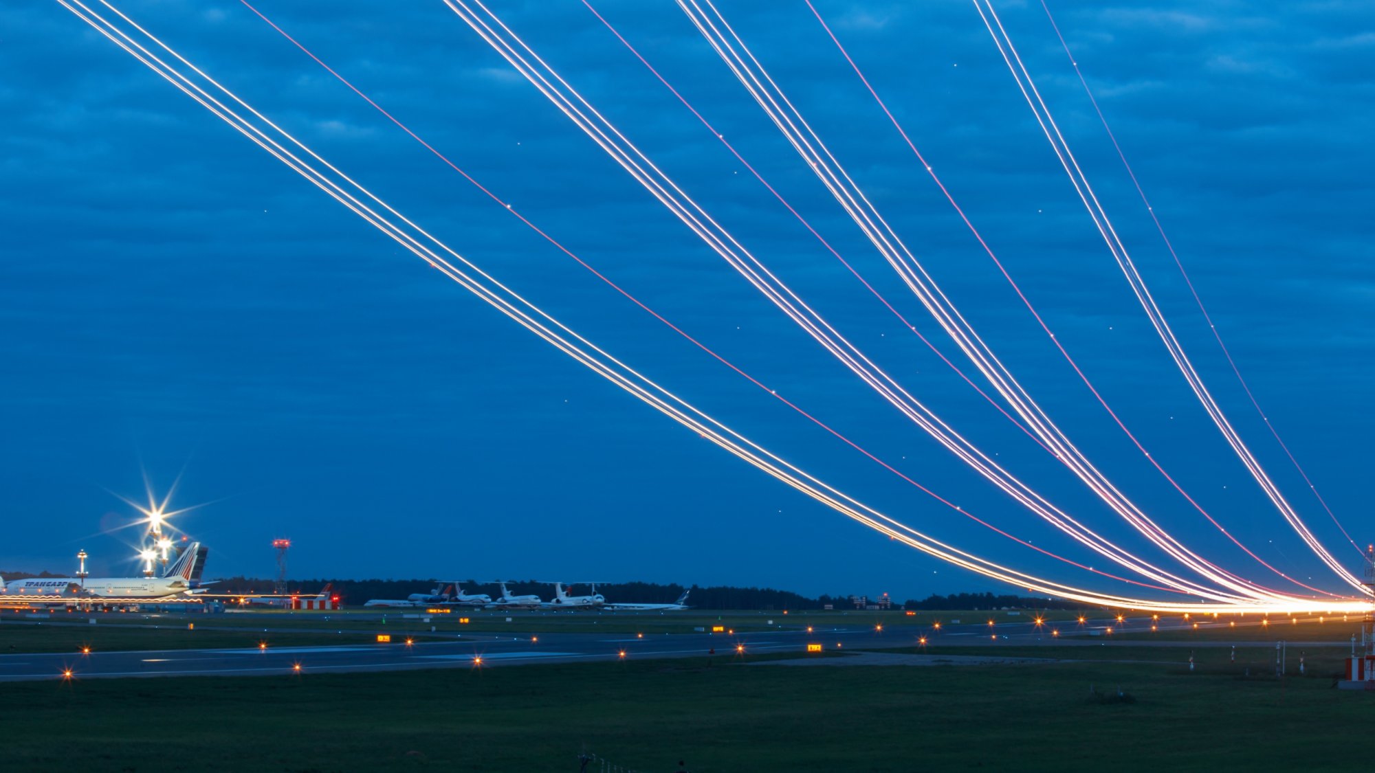 Light trails at airport runway