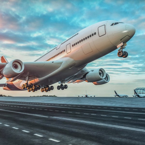 Airplane taking off from the airport. 3d render and illustration.
