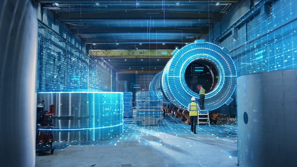 Futuristic Technology: Team of Engineers and Professionals Workers in Industry Manufacturing Factory that is Visualized with Graphics into Connected Automated Machinery. High-Tech Industry 4.1.
