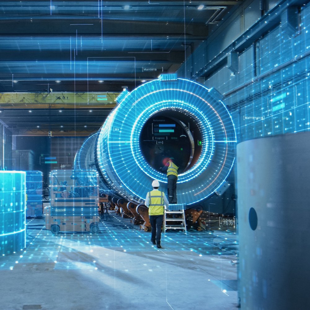 Futuristic Technology: Team of Engineers and Professionals Workers in Industry Manufacturing Factory that is Visualized with Graphics into Connected Automated Machinery. High-Tech Industry 4.1.