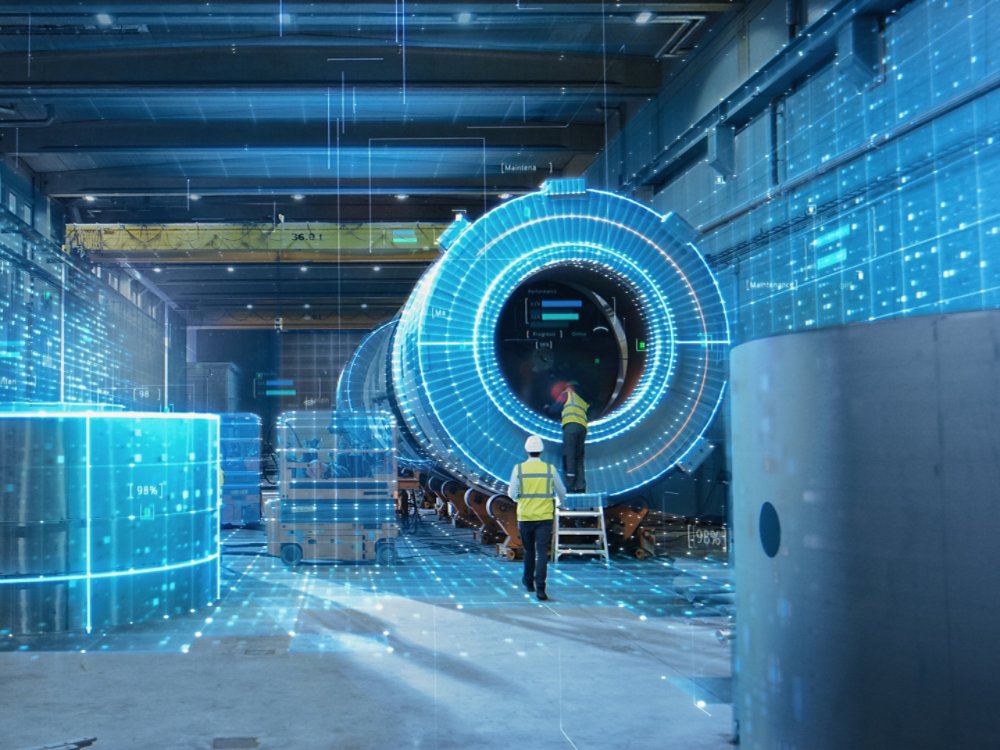 Futuristic Technology: Team of Engineers and Professionals Workers in Industry Manufacturing Factory that is Visualized with Graphics into Connected Automated Machinery. High-Tech Industry 4.1.