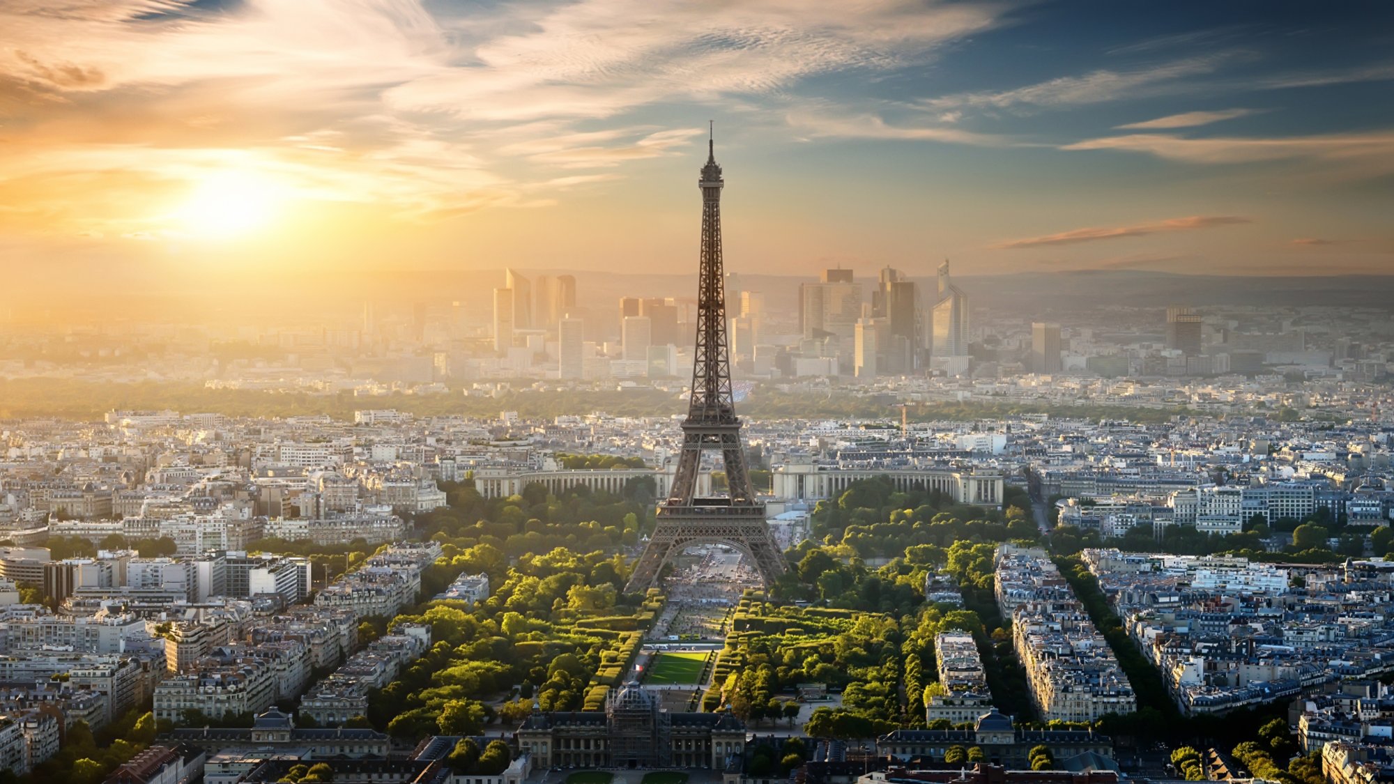 Aerial view on Eiffel Tower and district la Defense in Paris, France