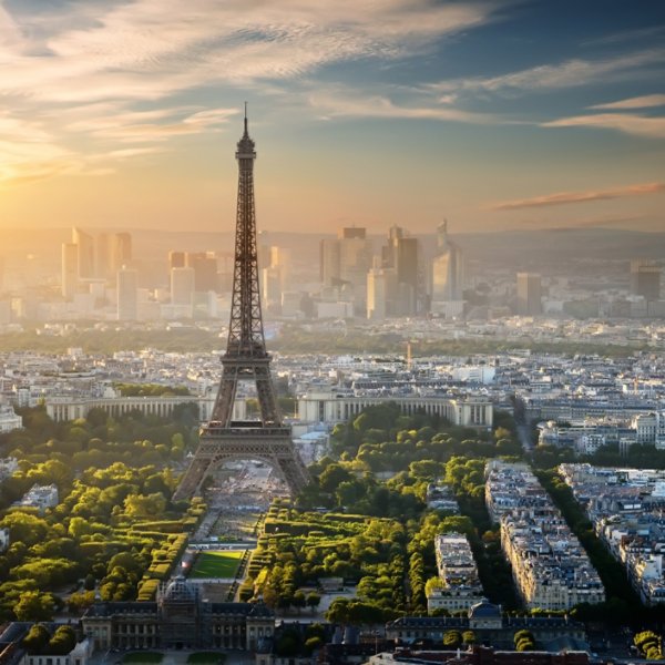 Aerial view on Eiffel Tower and district la Defense in Paris, France