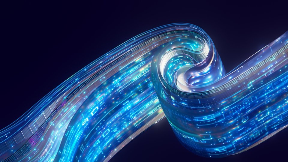 A luminous ribbon of digital data curves dynamically across a dark background. The flowing structure is composed of layered translucent bands filled with glowing blue, cyan, and purple lights. Small geometric elements suggest data packets, circuits, or information flow. The overall scene conveys speed, connectivity, and futuristic technology.
