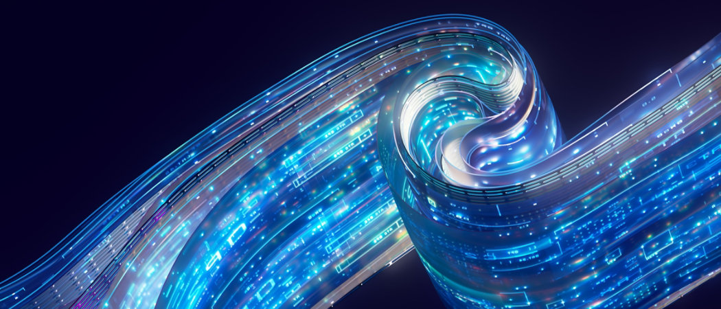 A luminous ribbon of digital data curves dynamically across a dark background. The flowing structure is composed of layered translucent bands filled with glowing blue, cyan, and purple lights. Small geometric elements suggest data packets, circuits, or information flow. The overall scene conveys speed, connectivity, and futuristic technology.